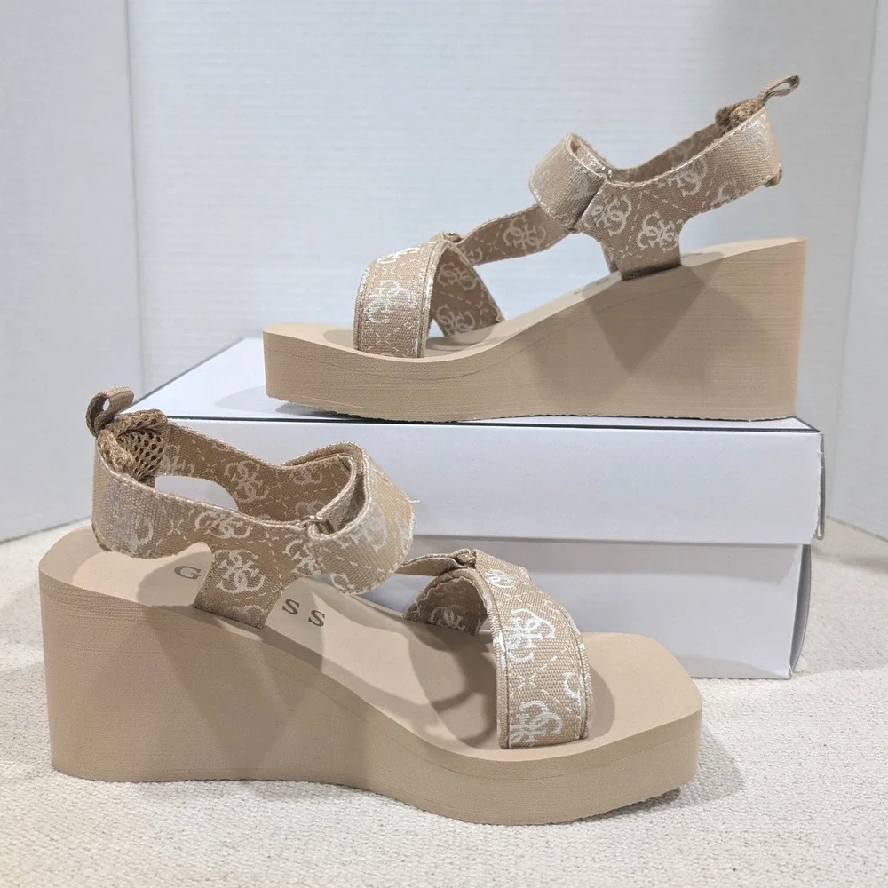Guess Daysa Quattro G Strappy EVA Wedge Sandals Light Natural 8M NIB
